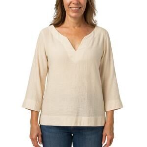 European Culture 3/4 Sleeve Split Neck Gauze Blouse in Sand size Small